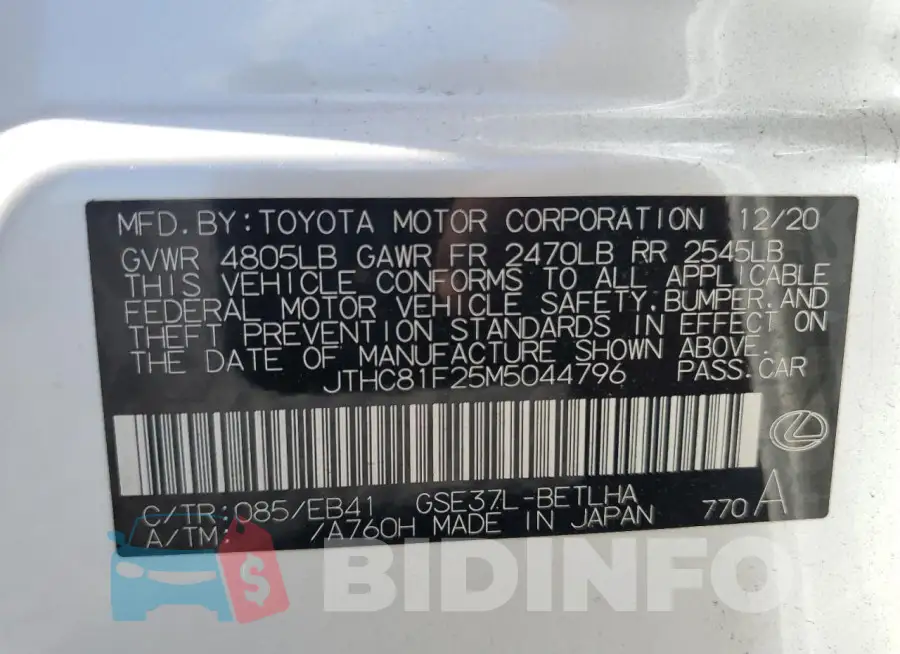 JTHC81F25M5044796 Photo# 12
