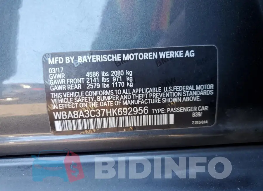 WBA8A3C37HK692956 Photo# 12