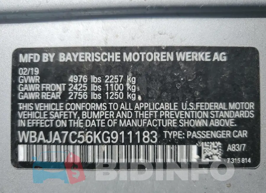WBAJA7C56KG911183 Photo# 12
