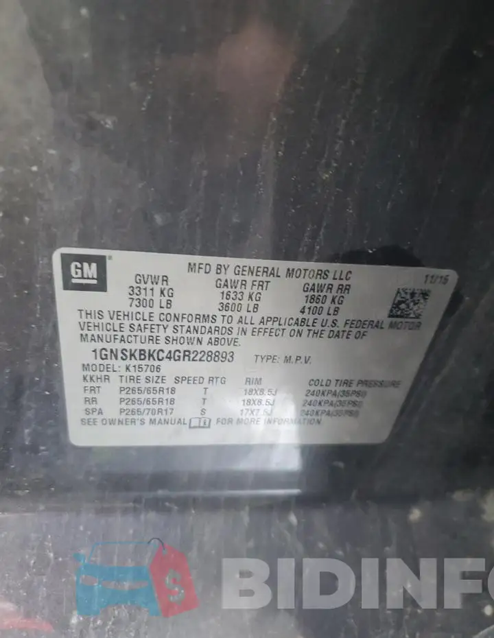 1GNSKBKC4GR228893 Photo# 13