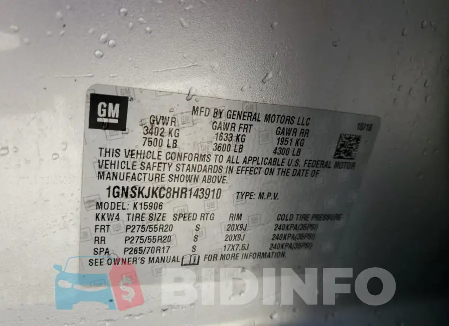 1GNSKJKC8HR143910 Photo# 13