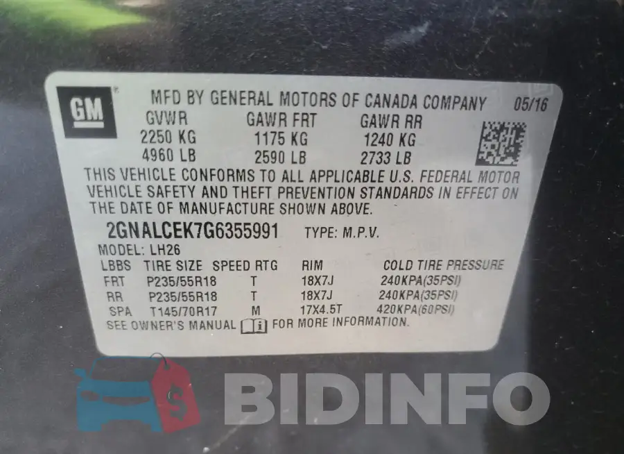 2GNALCEK7G6355991 Photo# 13