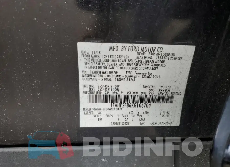 1FAHP2F86KG106704 Photo# 12