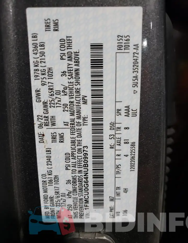 1FMCU0G64NUB09973 Photo# 14