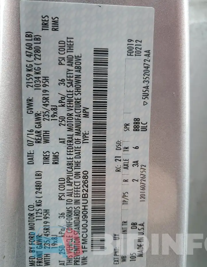 1FMCU0J90HUB22680 Photo# 13