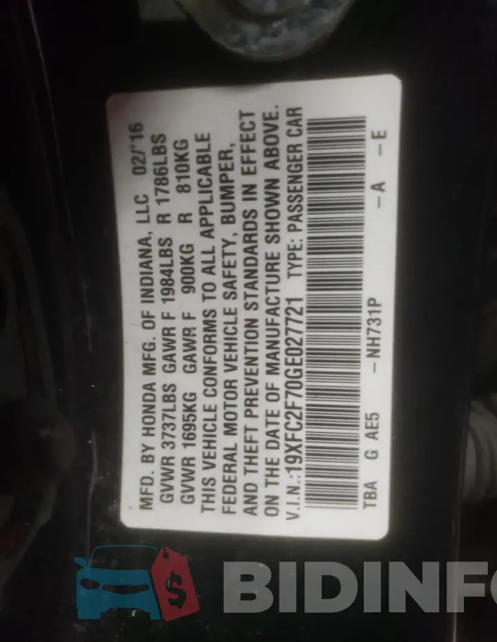 19XFC2F70GE027721 Photo# 12
