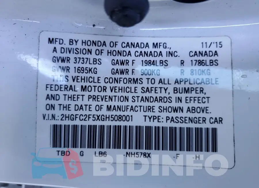 2HGFC2F5XGH508001 Photo# 12