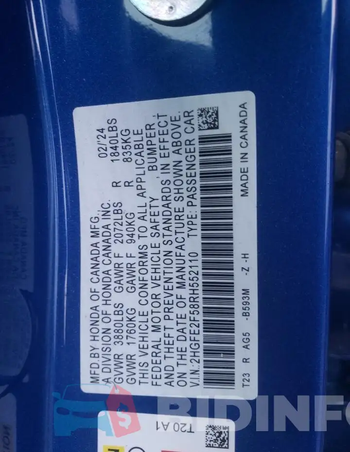 2HGFE2F58RH552110 Photo# 12