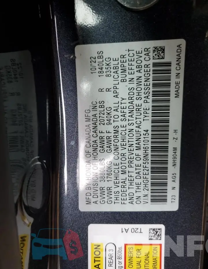 2HGFE2F59NH610154 Photo# 12