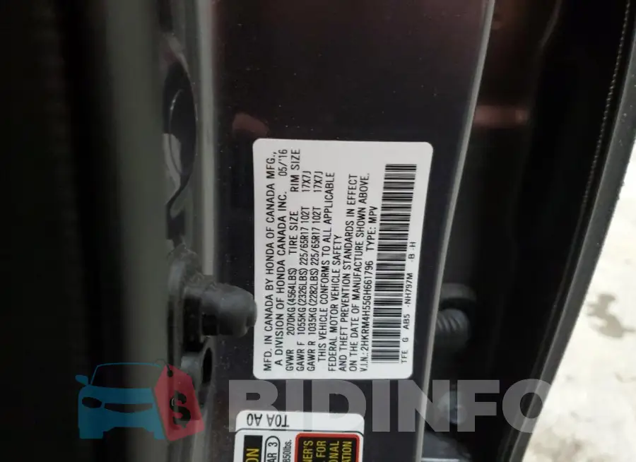 2HKRM4H55GH661796 Photo# 14
