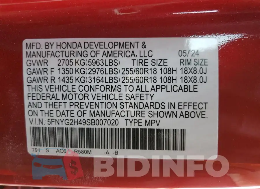5FNYG2H49SB007020 Photo# 14