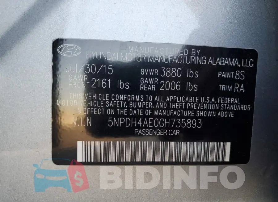 5NPDH4AE0GH735893 Photo# 12