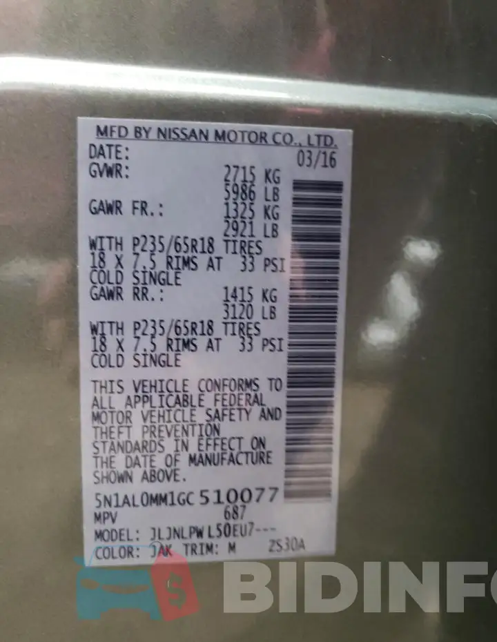 5N1AL0MM1GC510077 Photo# 13