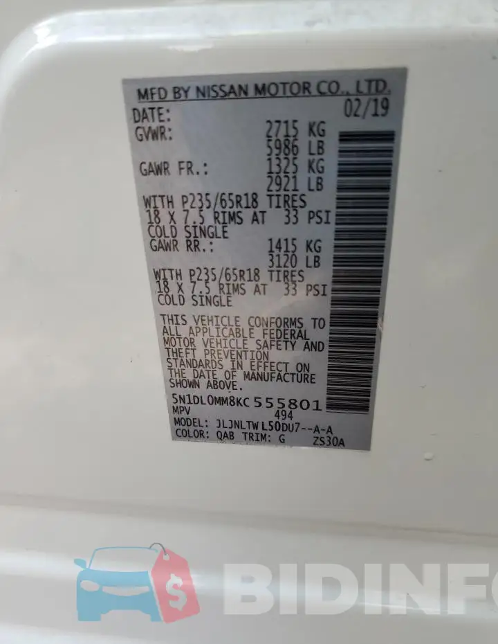 5N1DL0MM8KC555801 Photo# 13
