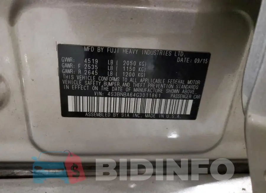 4S3BNBA64G3011861 Photo# 12