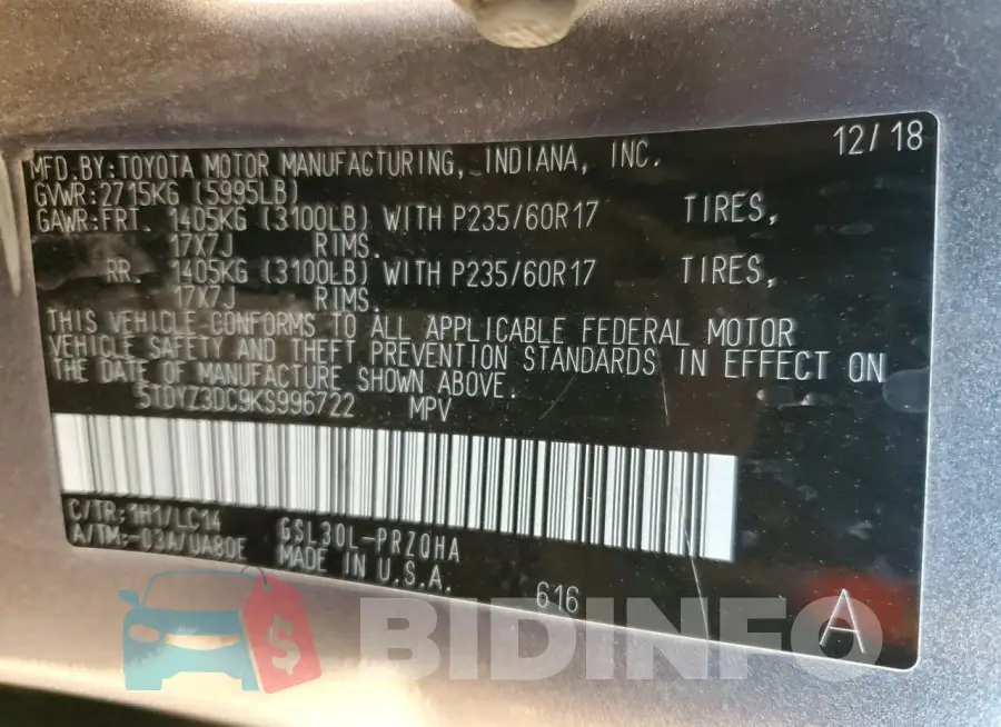 5TDYZ3DC9KS996722 Photo# 13
