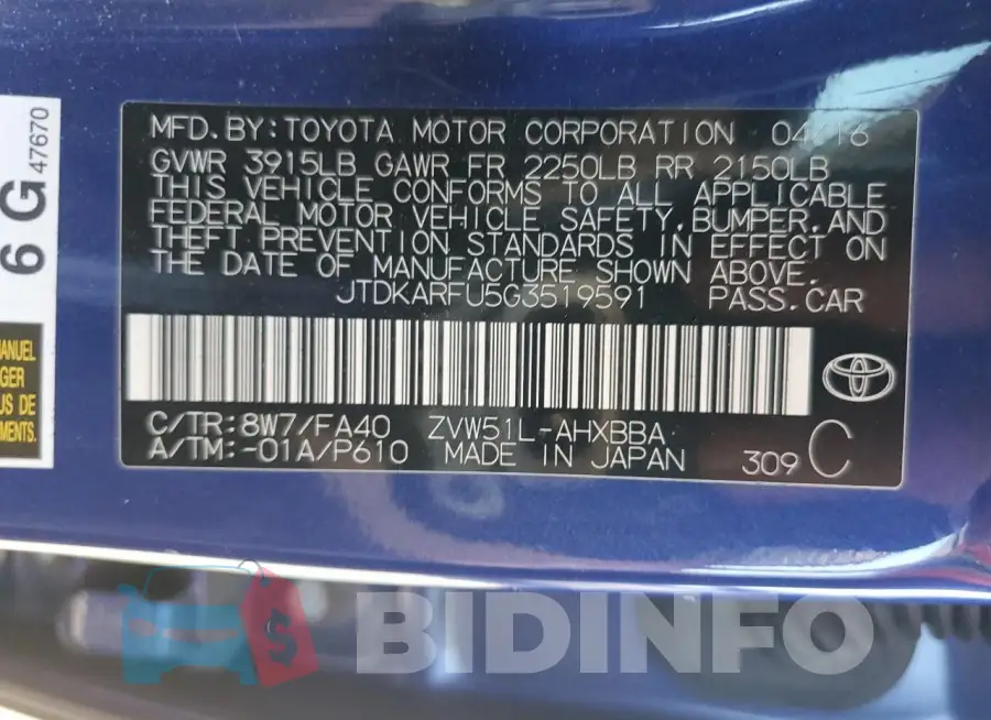 JTDKARFU5G3519591 Photo# 12