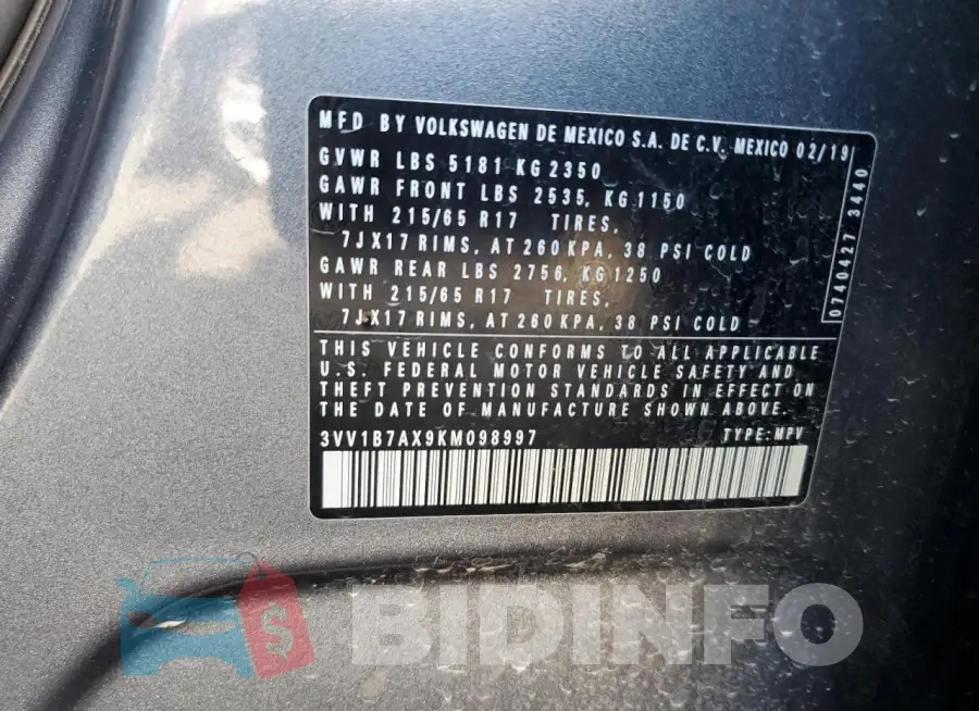 3VV1B7AX9KM098997 Photo# 13
