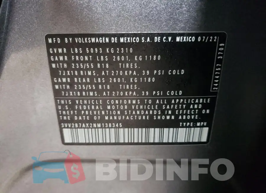 3VV2B7AX2NM138345 Photo# 12