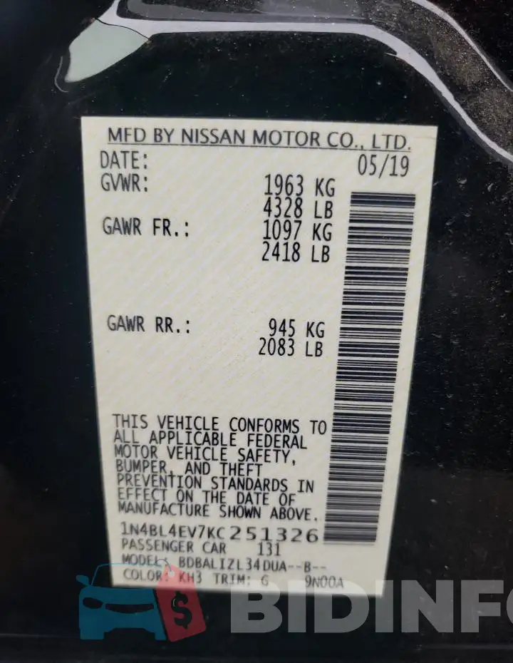 1N4BL4EV7KC251326 Photo# 13