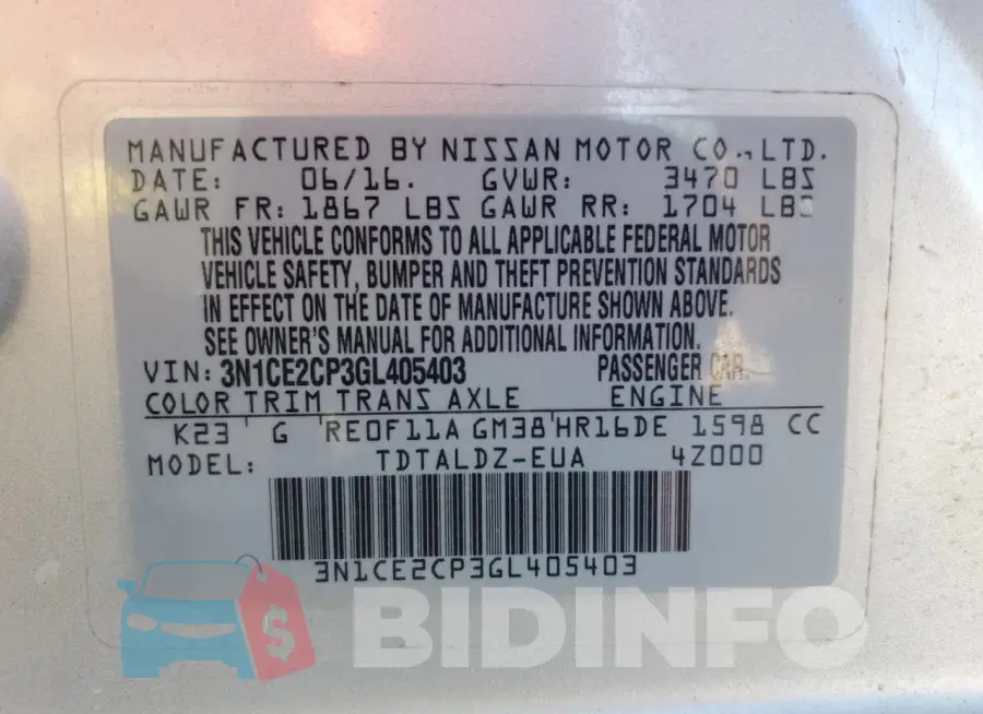 3N1CE2CP3GL405403 Photo# 13