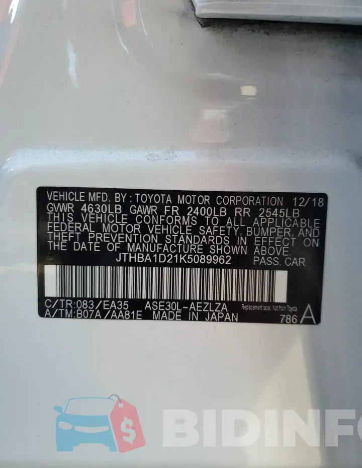 JTHBA1D21K5089962 Photo# 13
