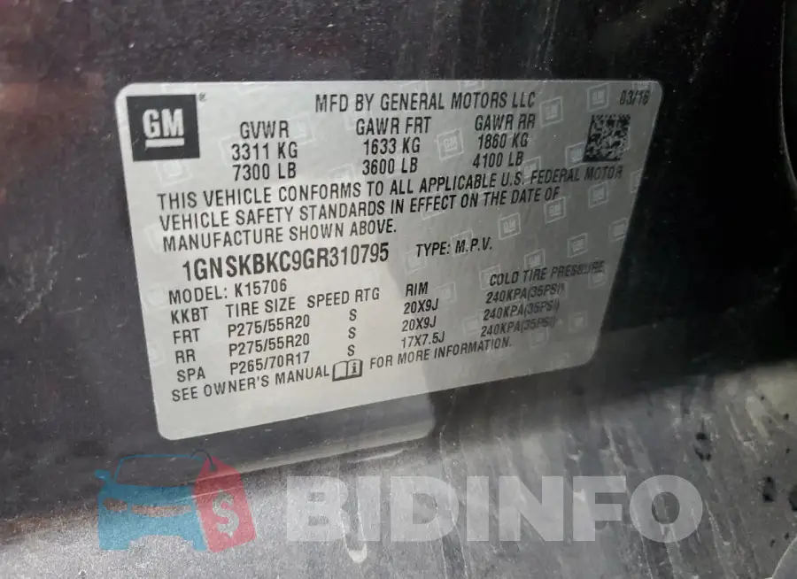 1GNSKBKC9GR310795 Photo# 14