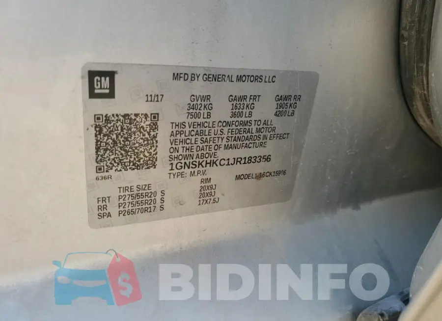 1GNSKHKC1JR183356 Photo# 13