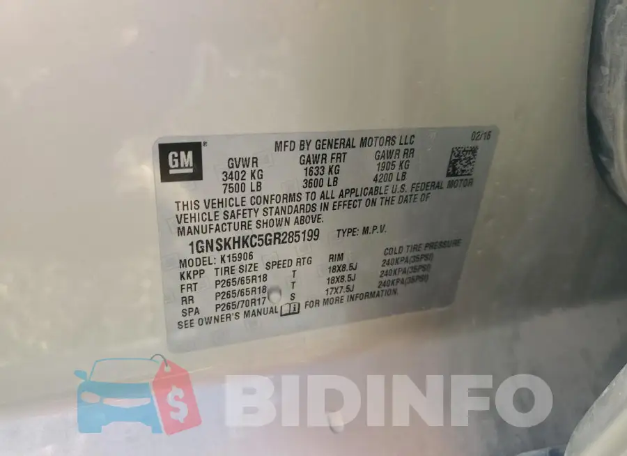1GNSKHKC5GR285199 Photo# 13