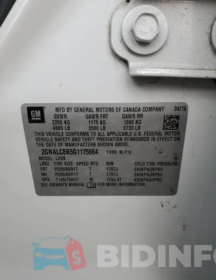 2GNALCEK5G1175664 Photo# 14