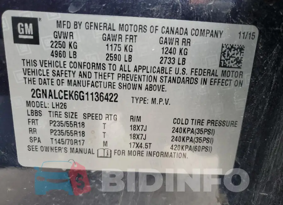 2GNALCEK6G1136422 Photo# 12