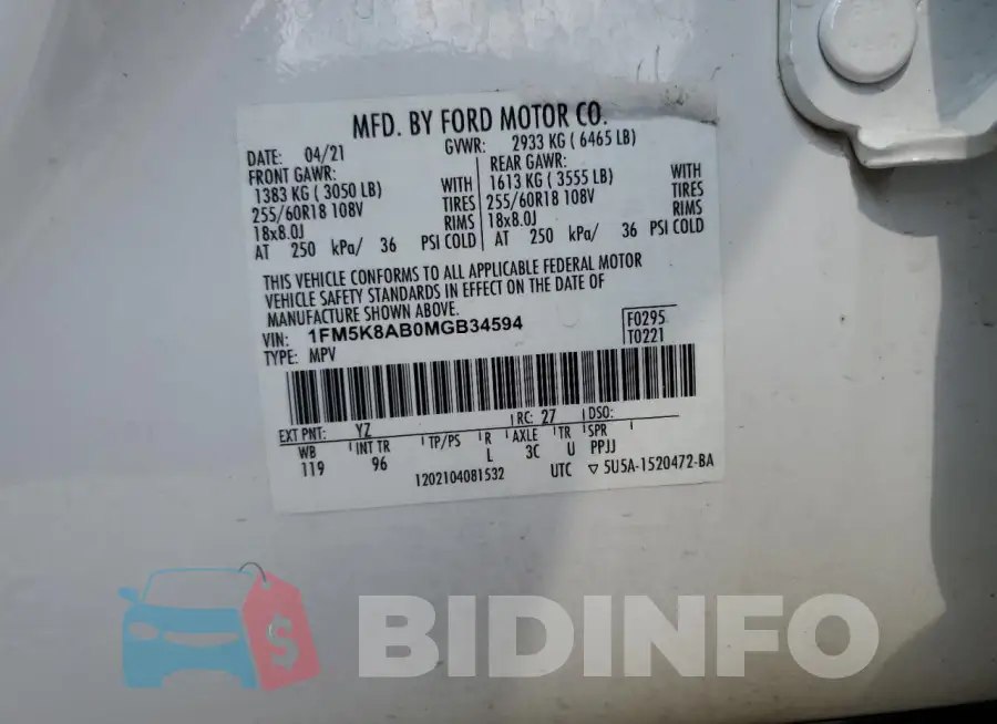 1FM5K8AB0MGB34594 Photo# 13