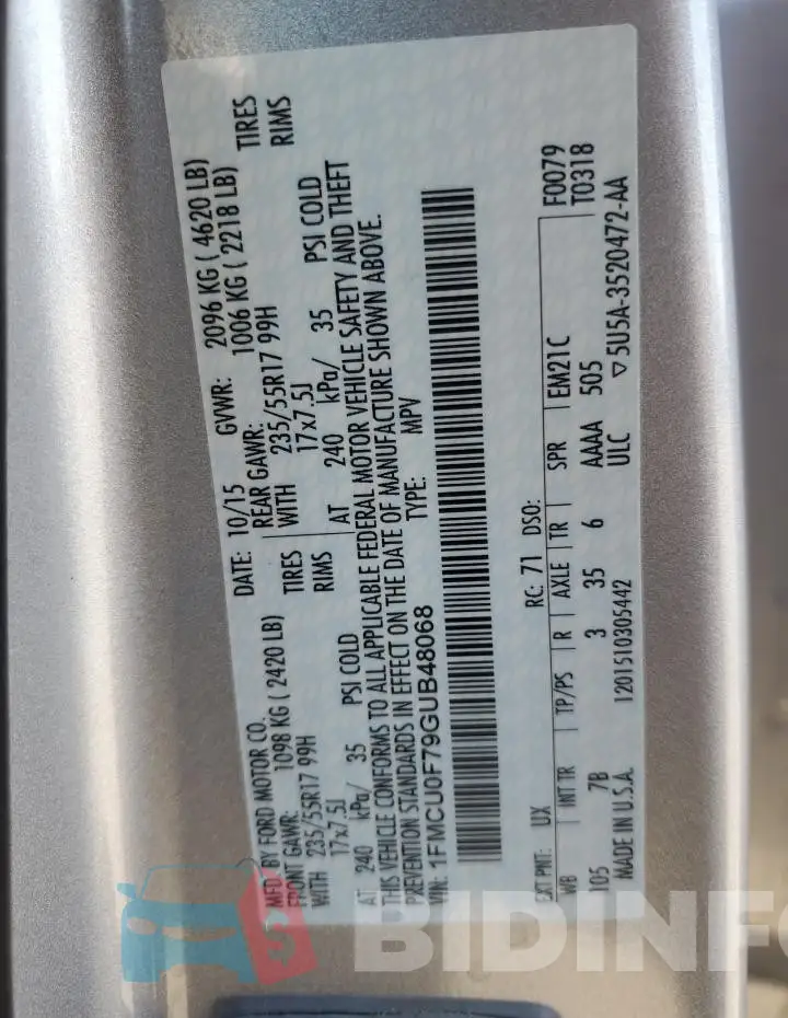 1FMCU0F79GUB48068 Photo# 14