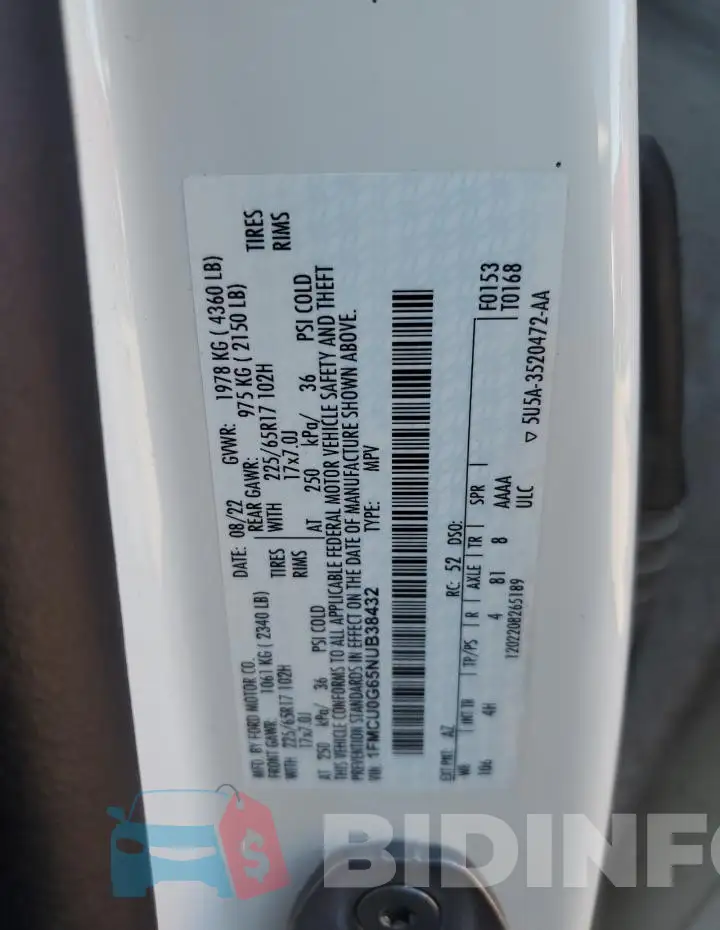 1FMCU0G65NUB38432 Photo# 13