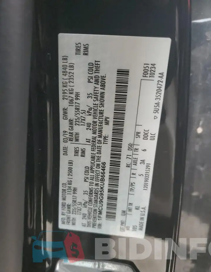 1FMCU9G95KUB66466 Photo# 13