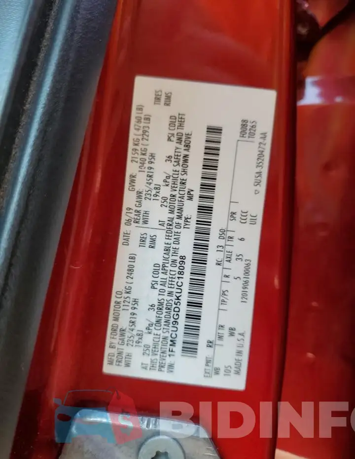 1FMCU9GD5KUC18098 Photo# 13