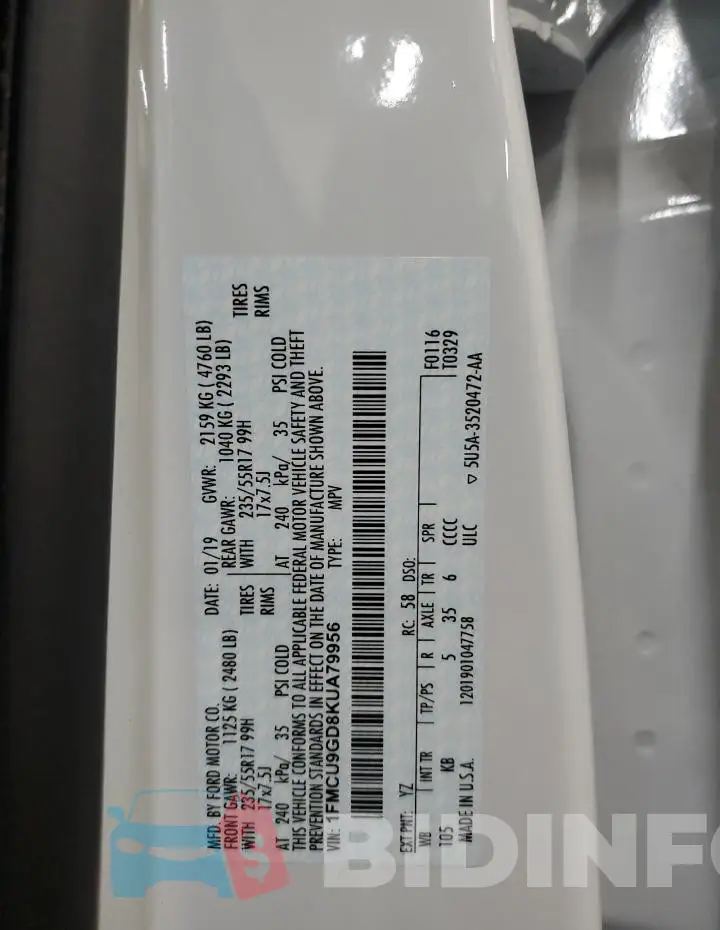1FMCU9GD8KUA79956 Photo# 13