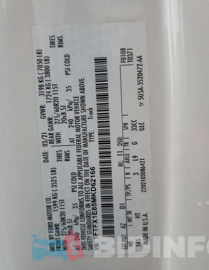 1FTFX1E85MKD62166 Photo# 12