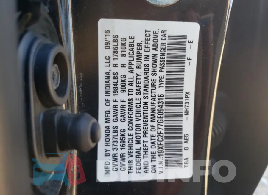 19XFC2F77GE094316 Photo# 12