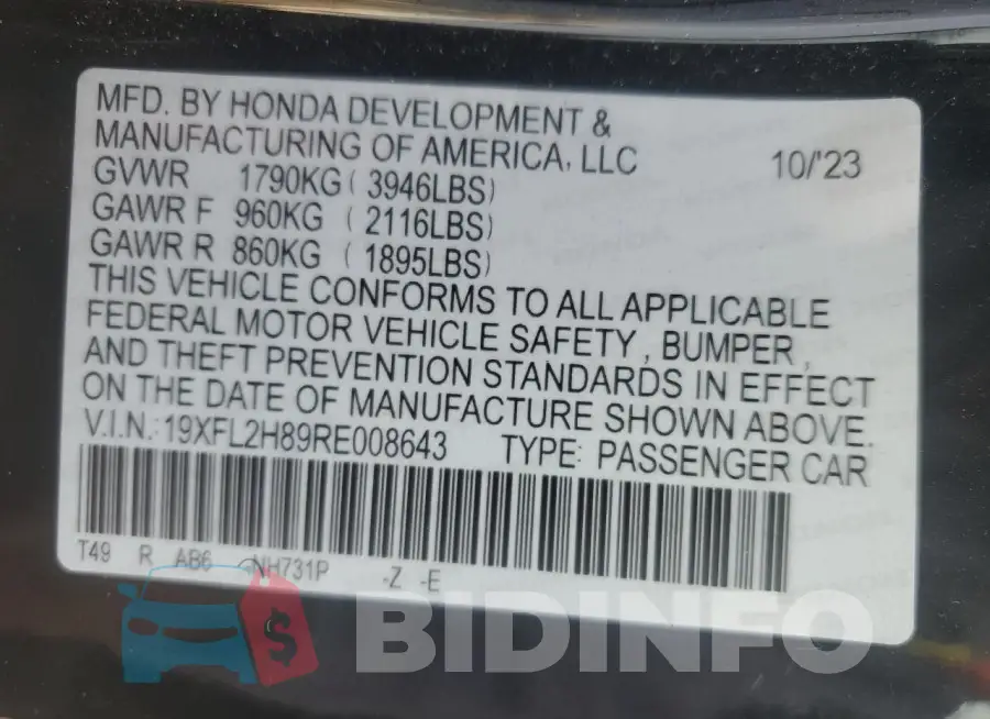 19XFL2H89RE008643 Photo# 12
