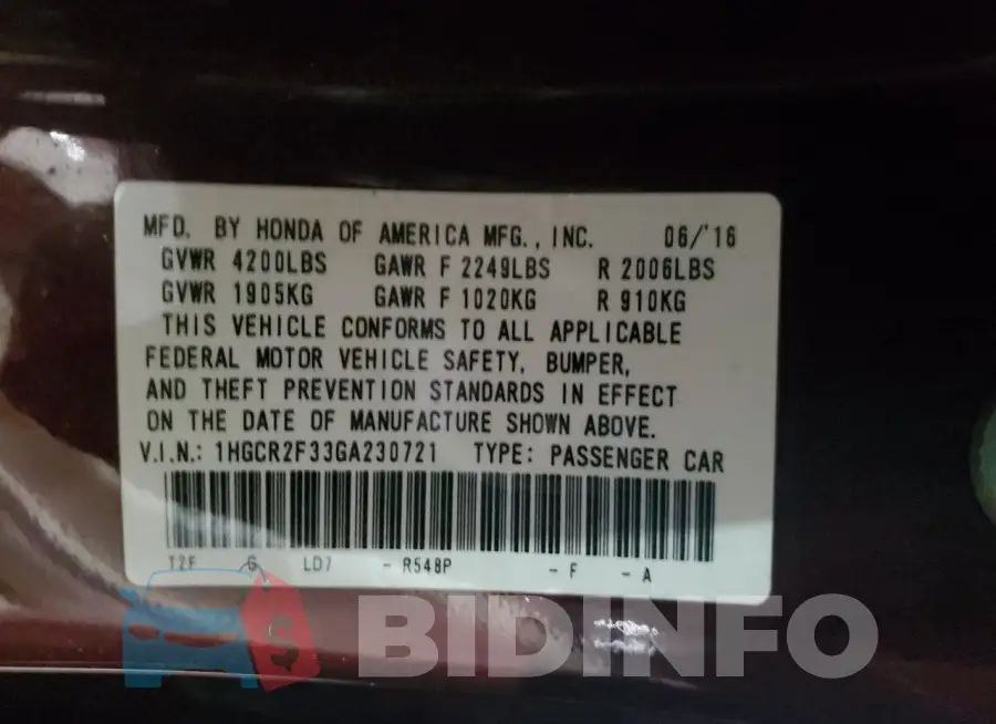 1HGCR2F33GA230721 Photo# 12