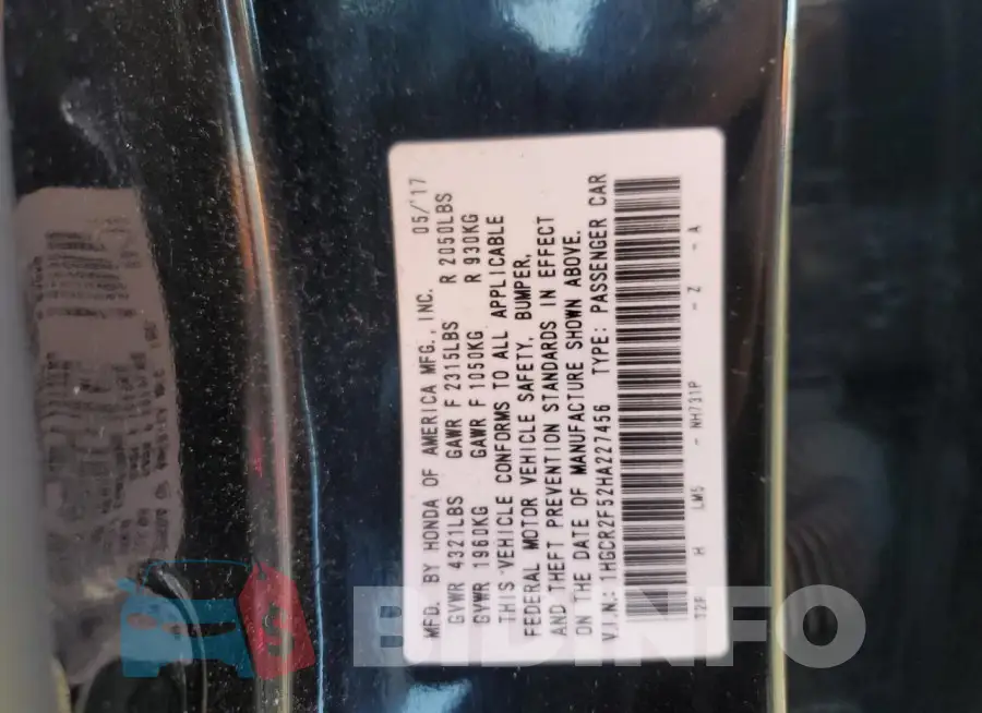 1HGCR2F52HA227456 Photo# 12