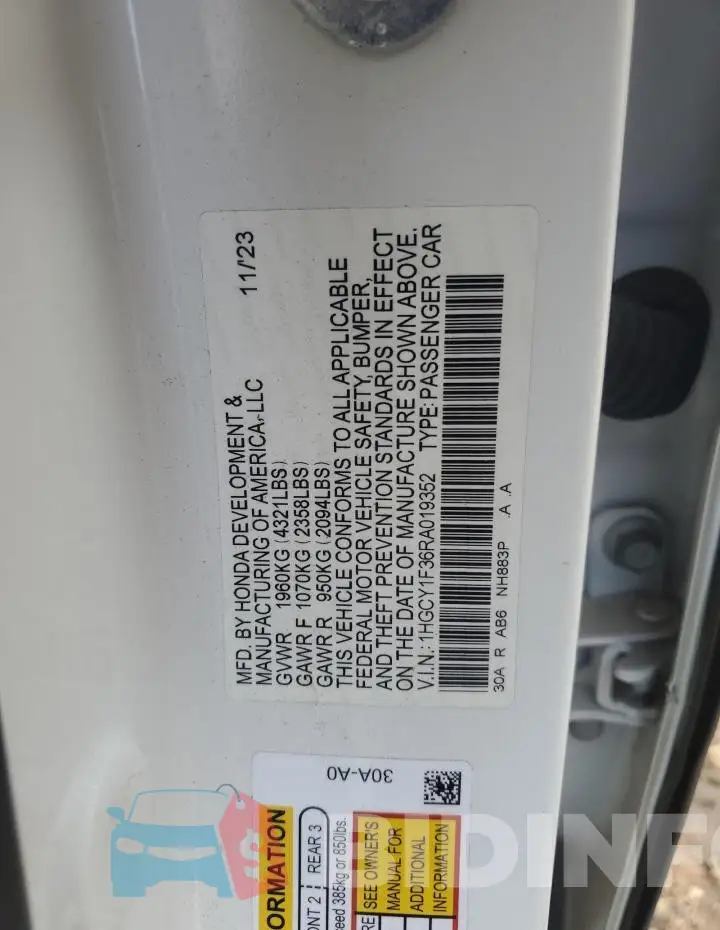 1HGCY1F36RA019352 Photo# 12