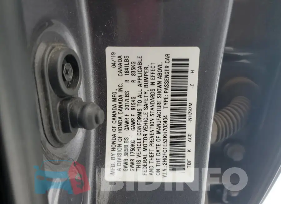 2HGFC1E53KH705404 Photo# 12
