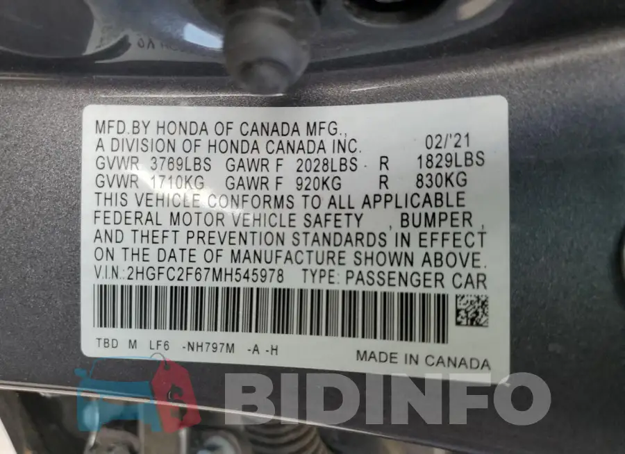 2HGFC2F67MH545978 Photo# 12