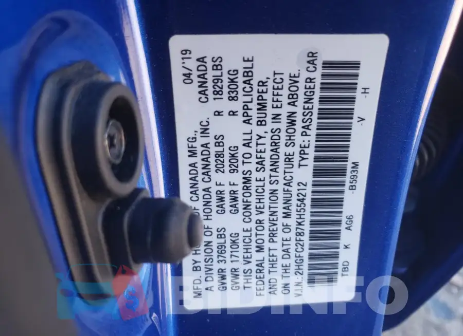 2HGFC2F87KH554212 Photo# 12