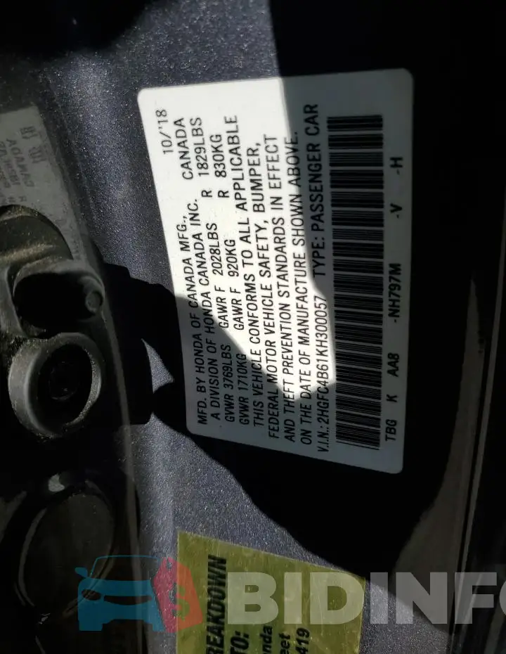 2HGFC4B61KH300057 Photo# 12