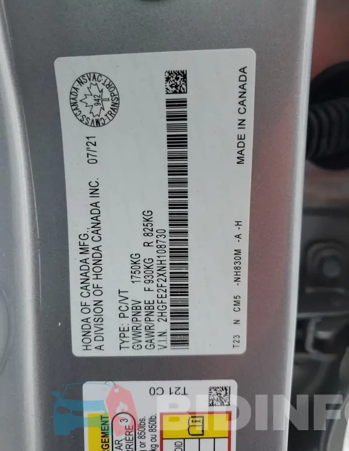 2HGFE2F2XNH108730 Photo# 12