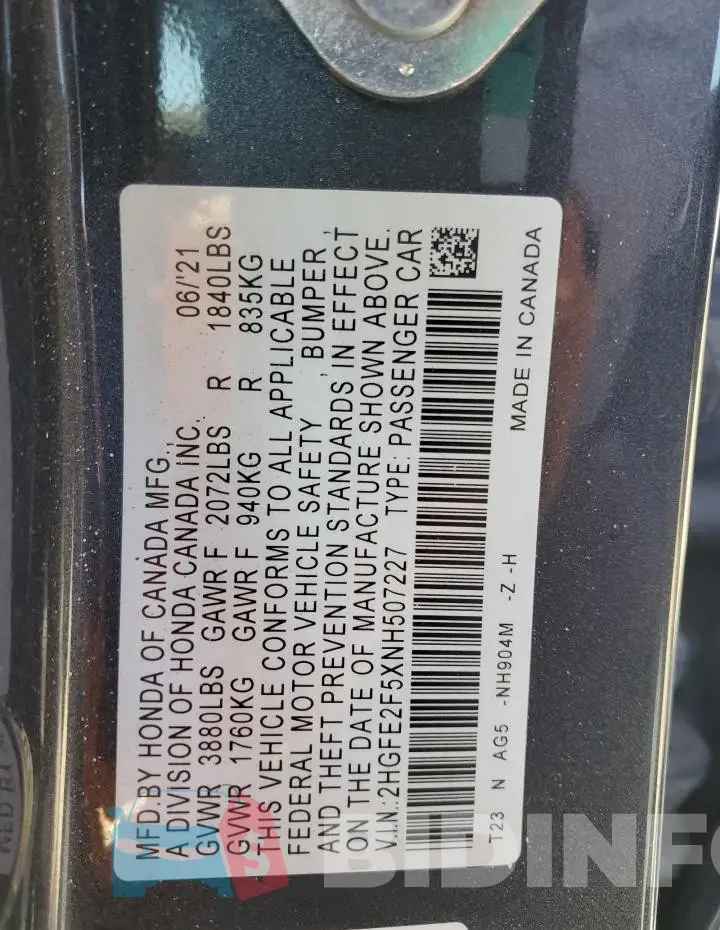 2HGFE2F5XNH507227 Photo# 12