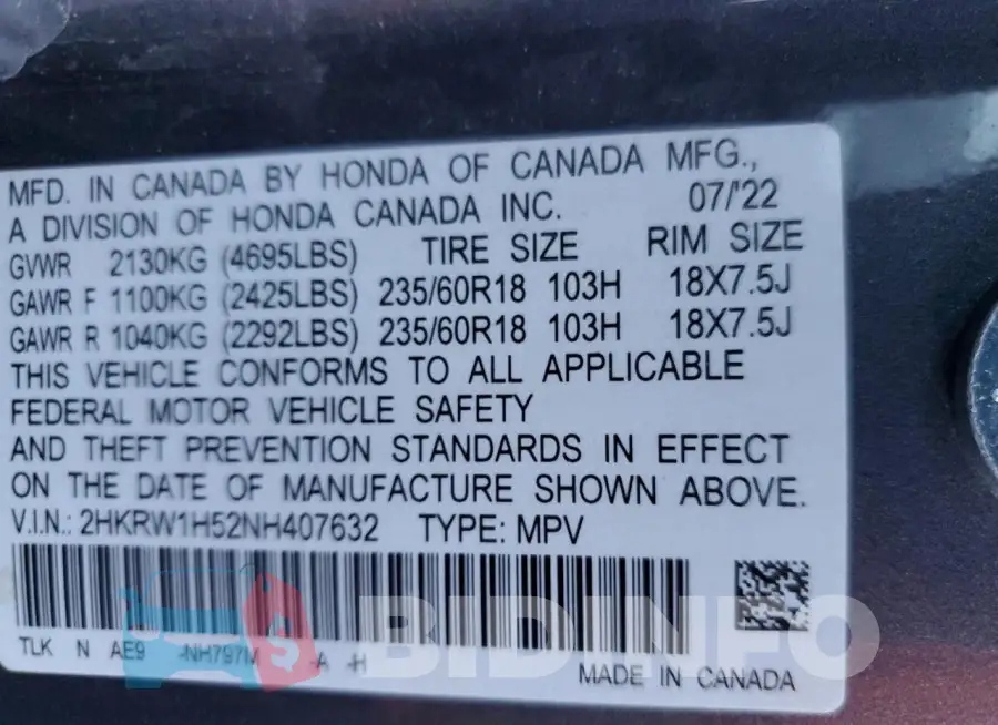 2HKRW1H52NH407632 Photo# 14